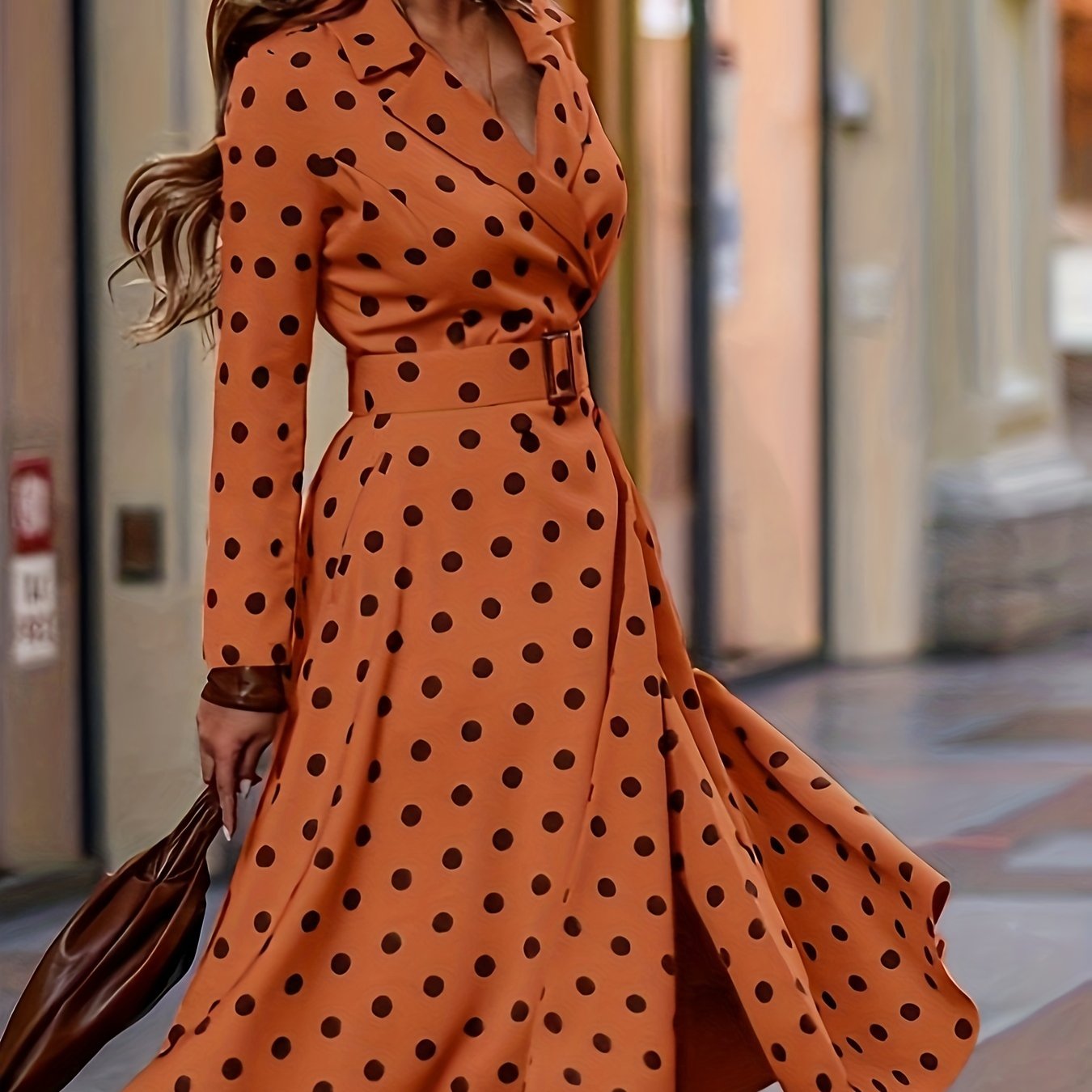 vlovelaw Plus Size Elegant Dress, Women's Plus Polka Dot Print Long Sleeve Lapel Collar Nipped Waist Dress