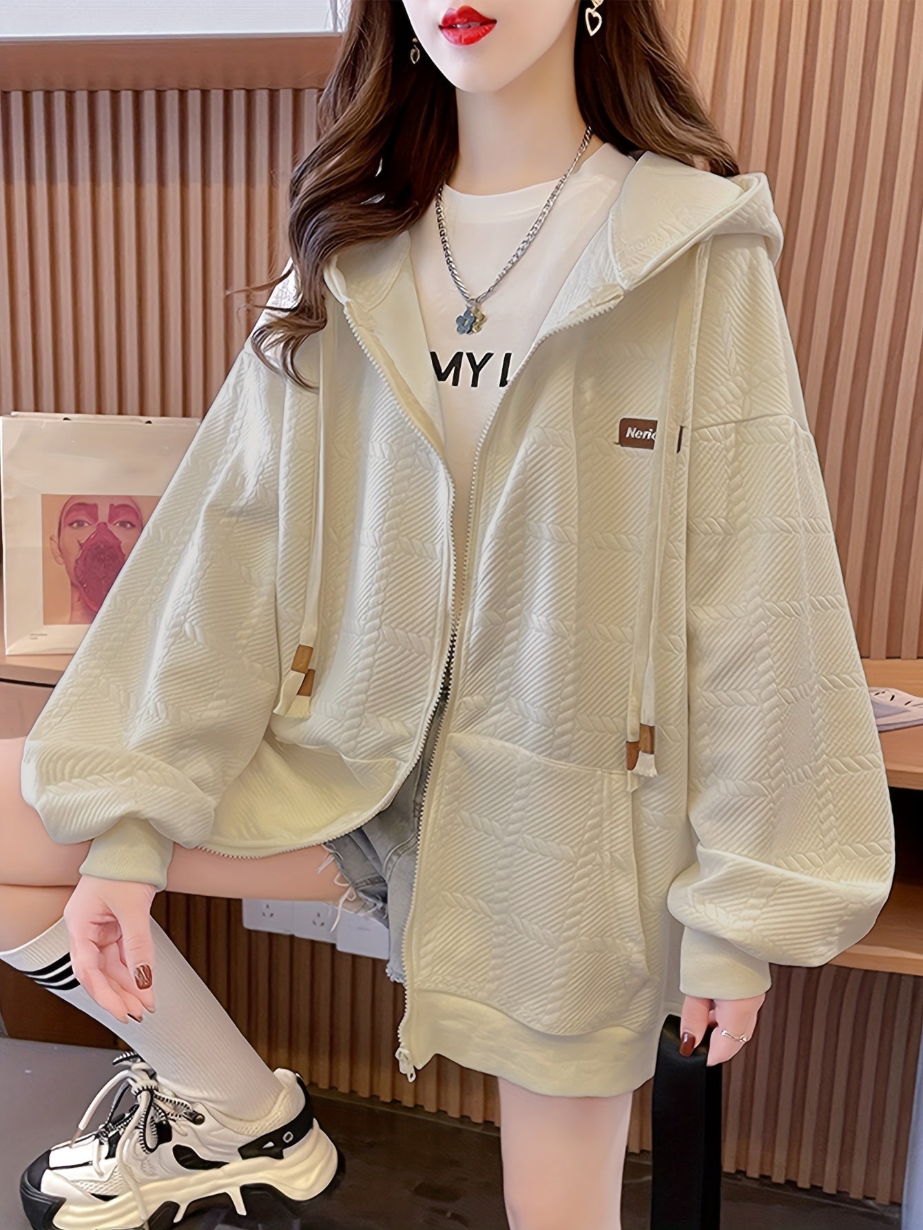 vlovelaw Slant Pockets Zip-up Cable Hoodie, Casual Lantern Sleeve Drawstring Hoodie Coat, Women's Clothing