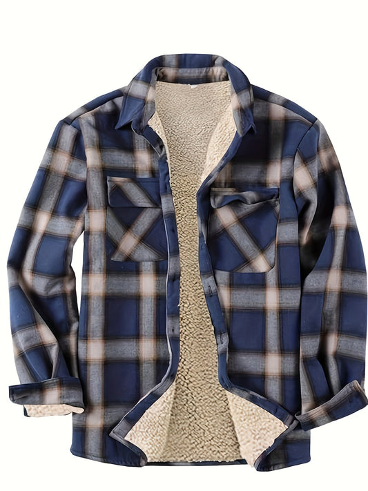 Men's Plus Size Fleece-Lined Winter Jacket - Casual, Windproof & Warm with Plaid Design in Dark Navy/Brown, PLUS SIZE