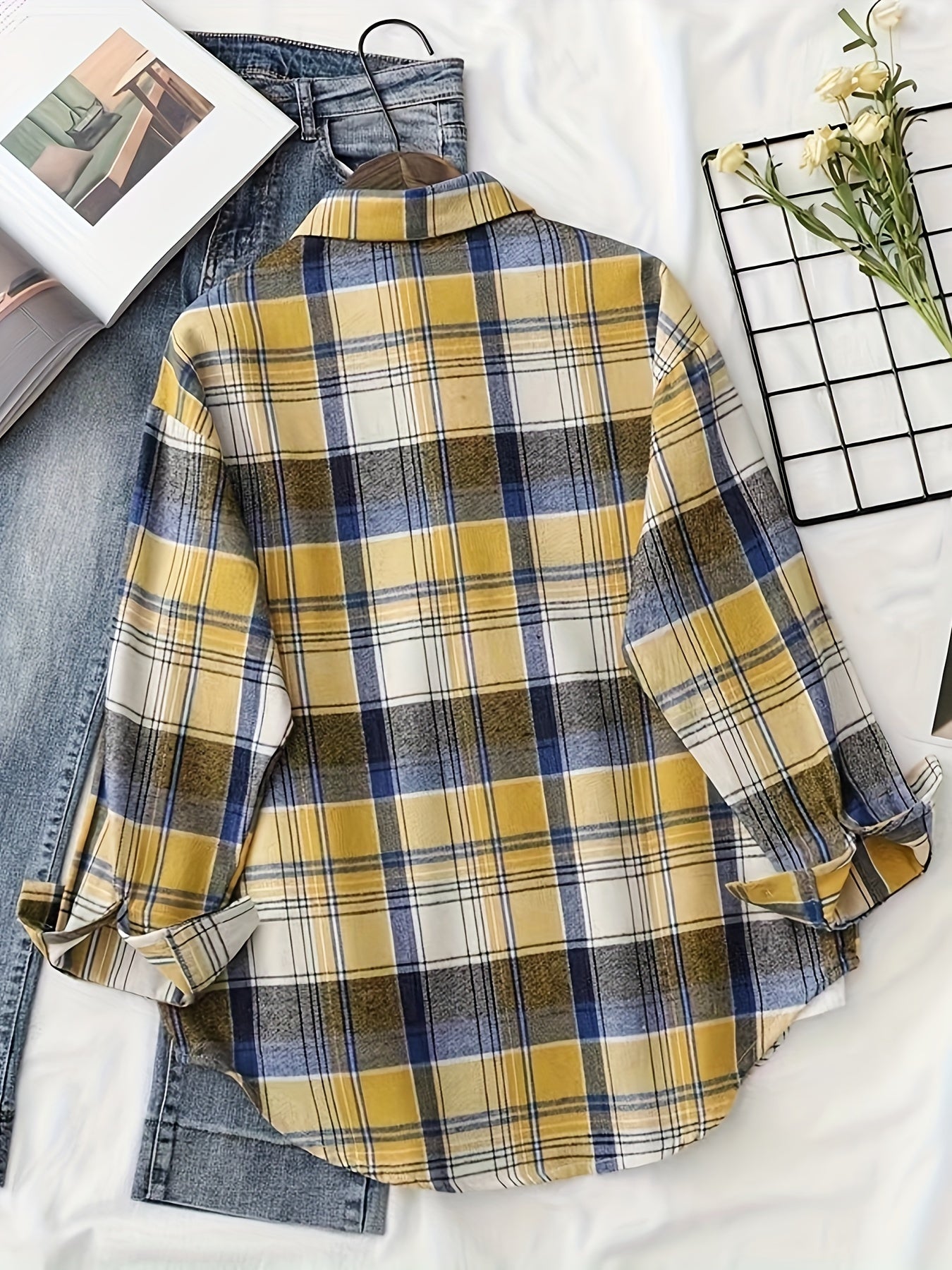 Plaid Shirt With Pocket, Long Sleeve Button Up Casual Top For Spring & Fall, Women's Clothing