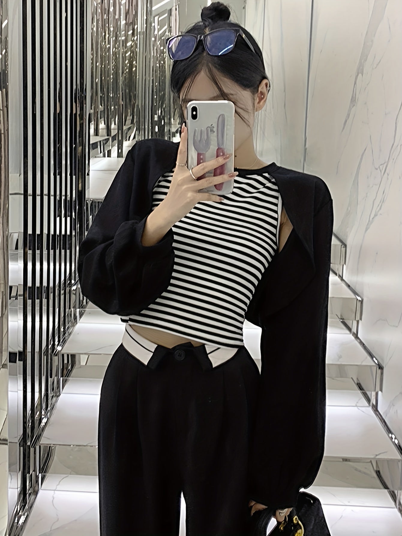 vlovelaw Striped Faux Twinset Crop T-Shirt, Stylish Long Sleeve Top For Spring & Fall, Women's Clothing