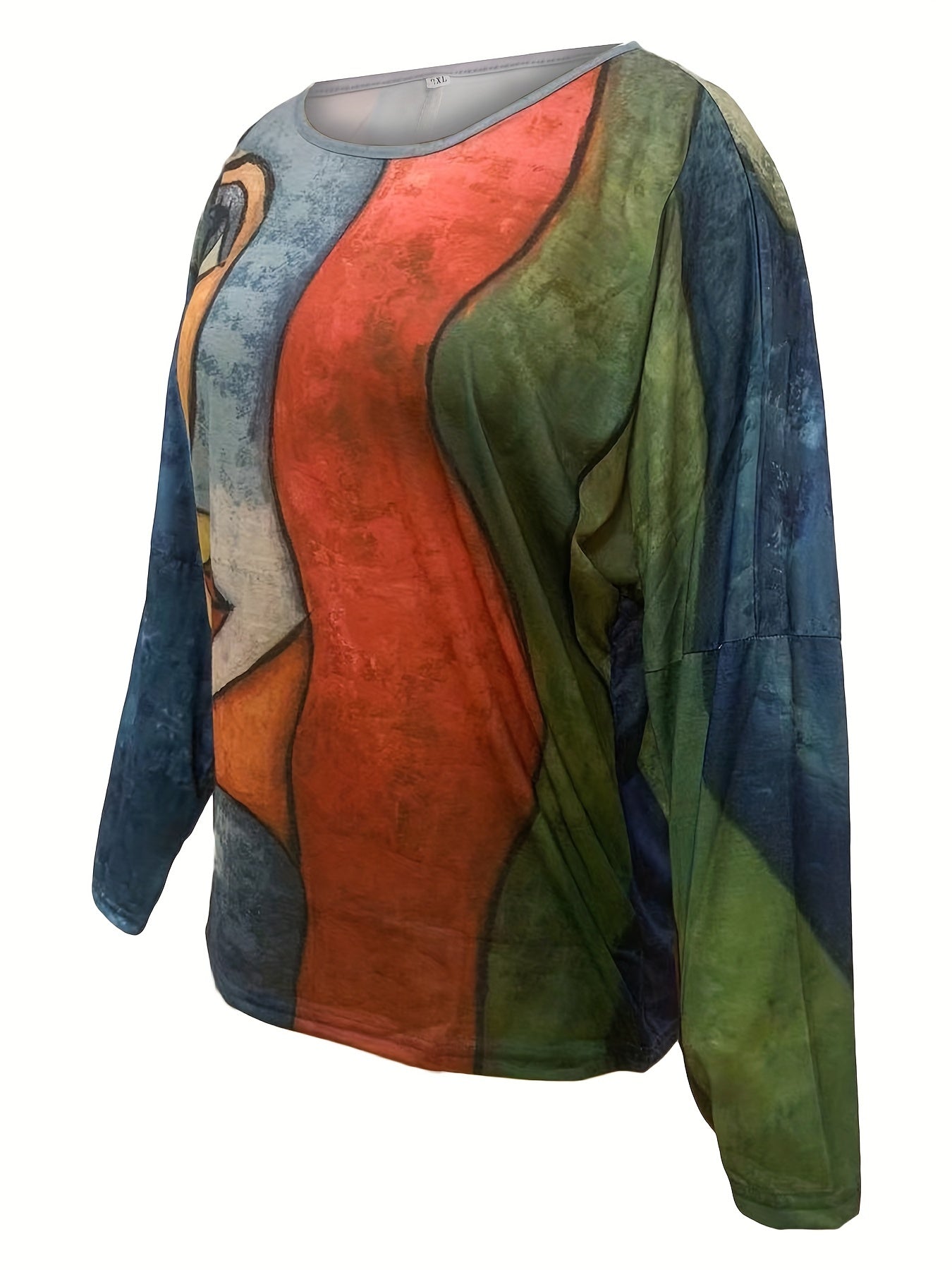Plus Size Casual T-shirt, Women's Plus Abstract Print Long Sleeve Round Neck Medium Stretch T-shirt
