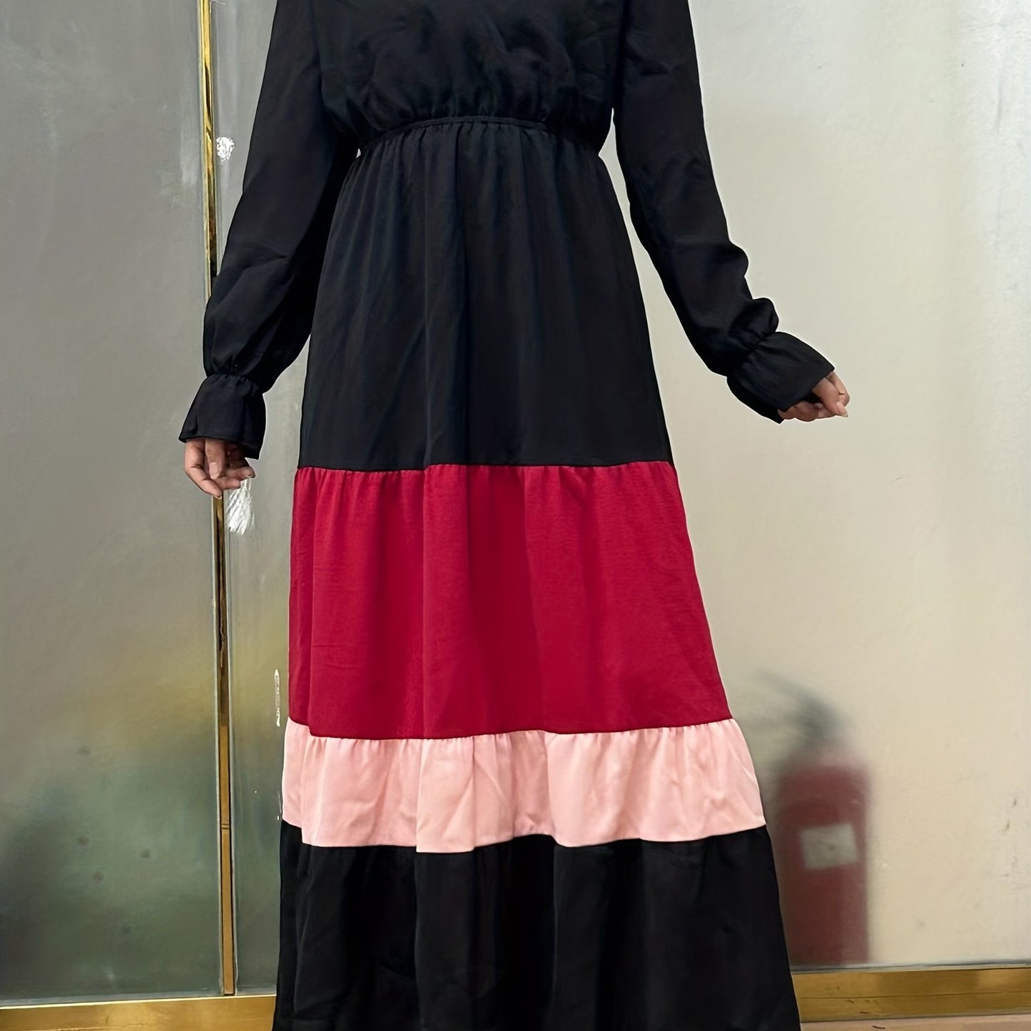 vlovelaw Color Block Ruffle Long Sleeve Dress, Casual Surplice Neck Cinched Waist Dress For Spring & Fall, Women's Clothing