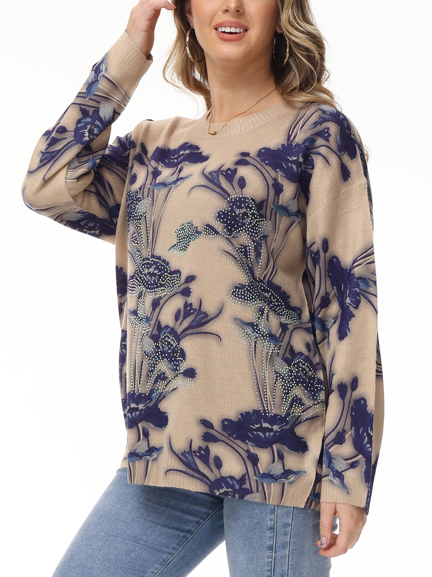 vlovelaw Floral Pattern Beaded Sweater, Casual Vintage Crew Neck Long Sleeve Pullover Sweater For Fall & Winter, Women's Clothing