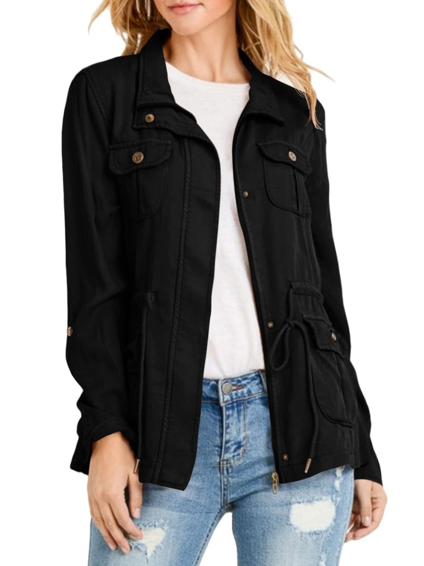 Casual Pockets Fashion Jacket, Lapel Long Sleeve Loose Waist Drawstring Outerwear, Women's Clothing