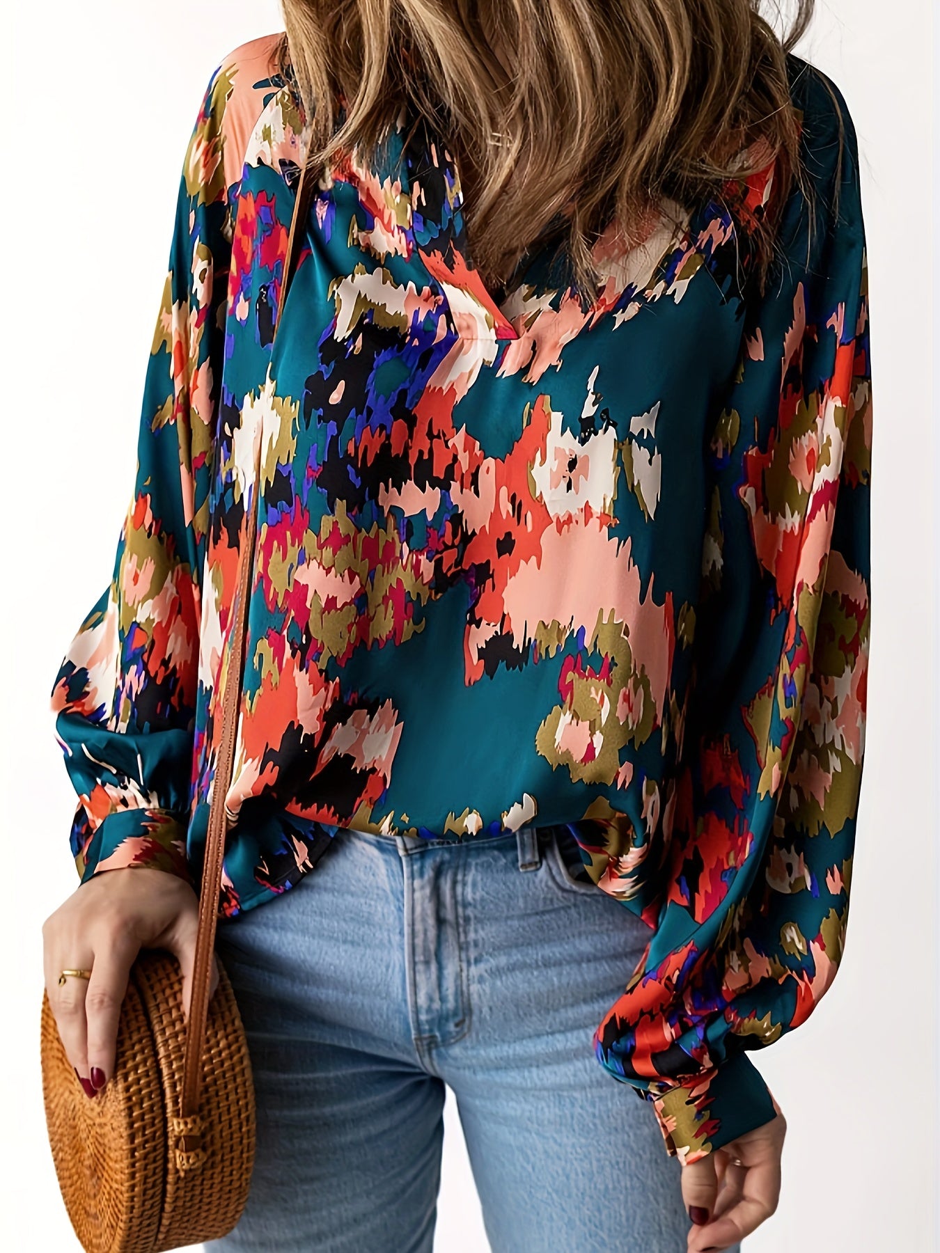 Allover Print V Neck Blouse, Casual Long Sleeve Stylish Blouse, Women's Clothing