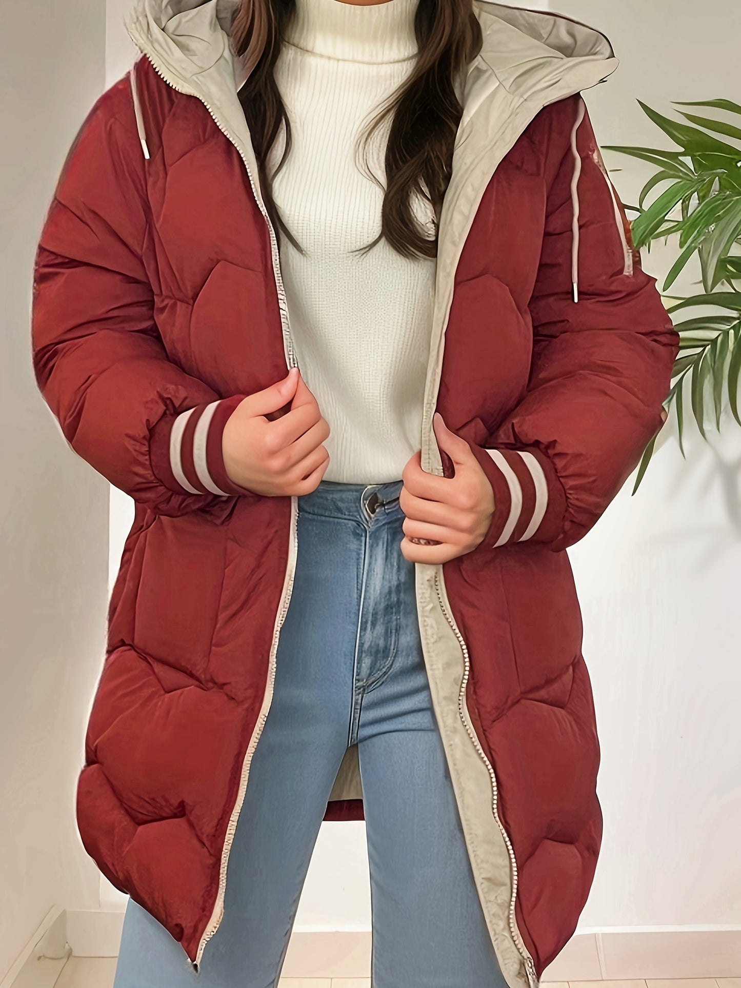 vlovelaw Zip Up Color Block Hooded Coat, Casual Long Sleeve Winter Warm Outerwear, Women's Clothing
