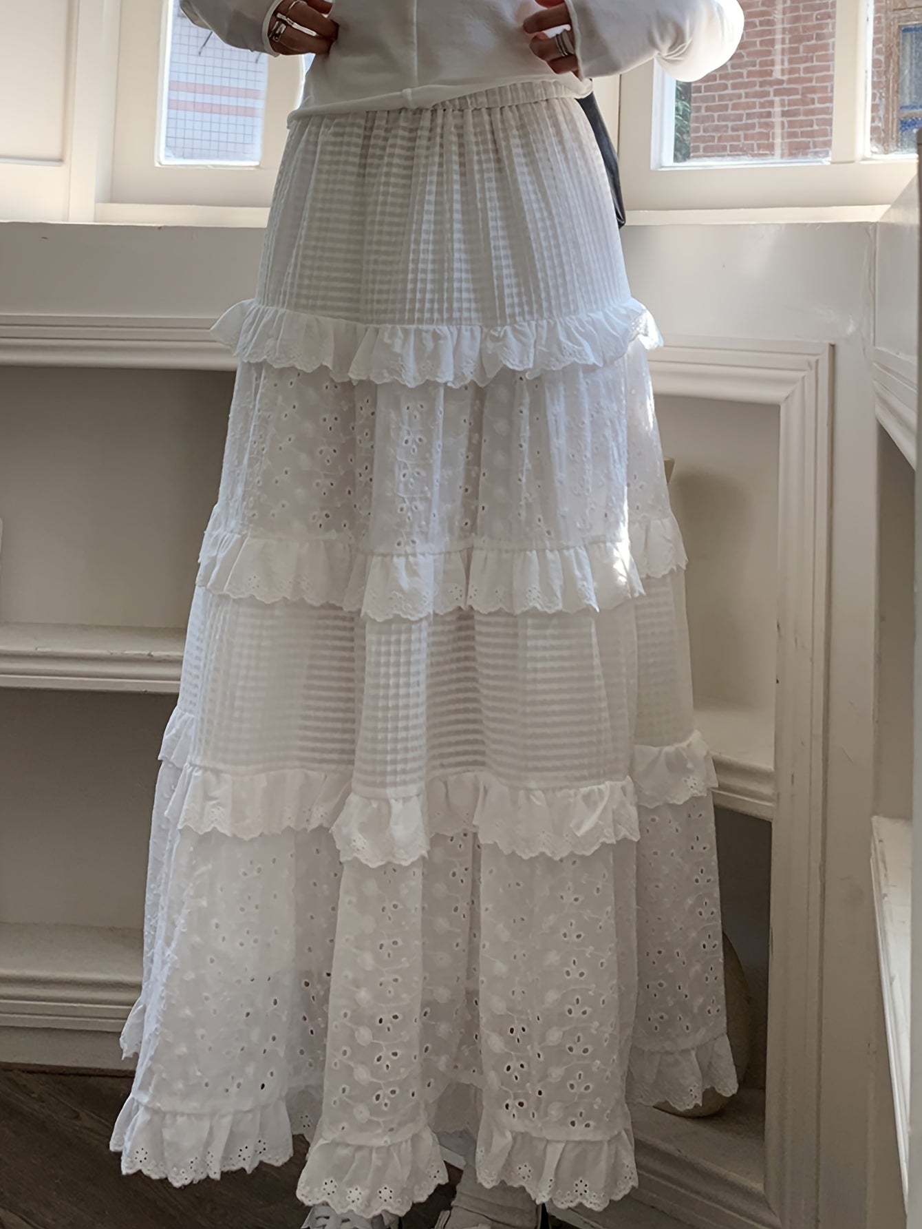 vlovelaw  Eyelet Embroidered Layer Ruffle Maxi Skirt, Boho Elastic Waist A Line Skirt, Women's Clothing