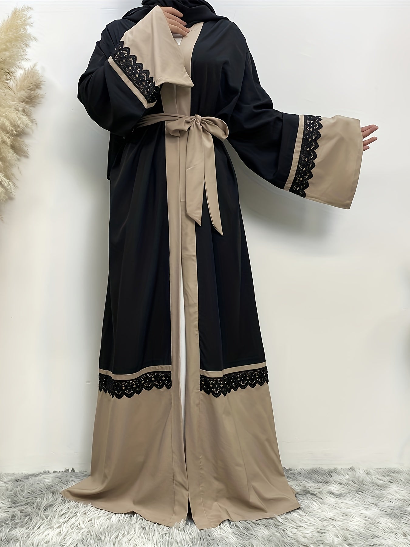 Lace Stitching Color Block Abayas, Elegant Tie Waist Long Sleeve Maxi Length Dress, Women's Clothing