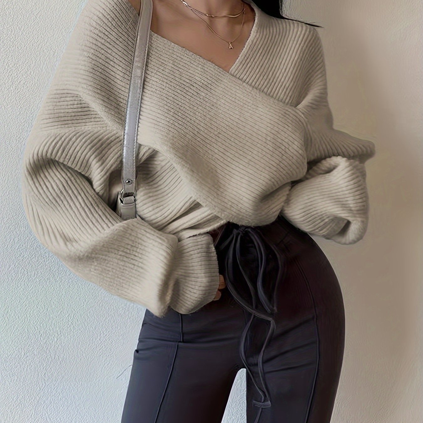 vlovelaw Solid Cross Front V Neck Sweater, Elegant Long Sleeve Pullover Sweater, Women's Clothing