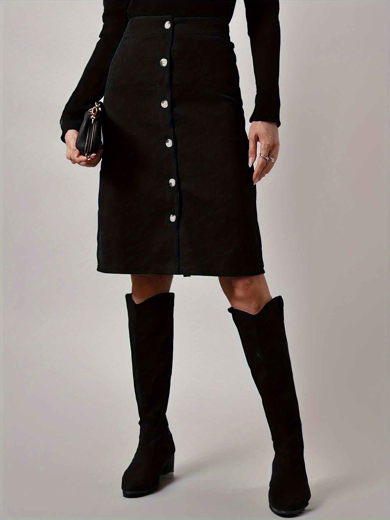 Solid Button Front Corduroy Skirt, Casual High Waist Knee Length Skirt, Women's Clothing