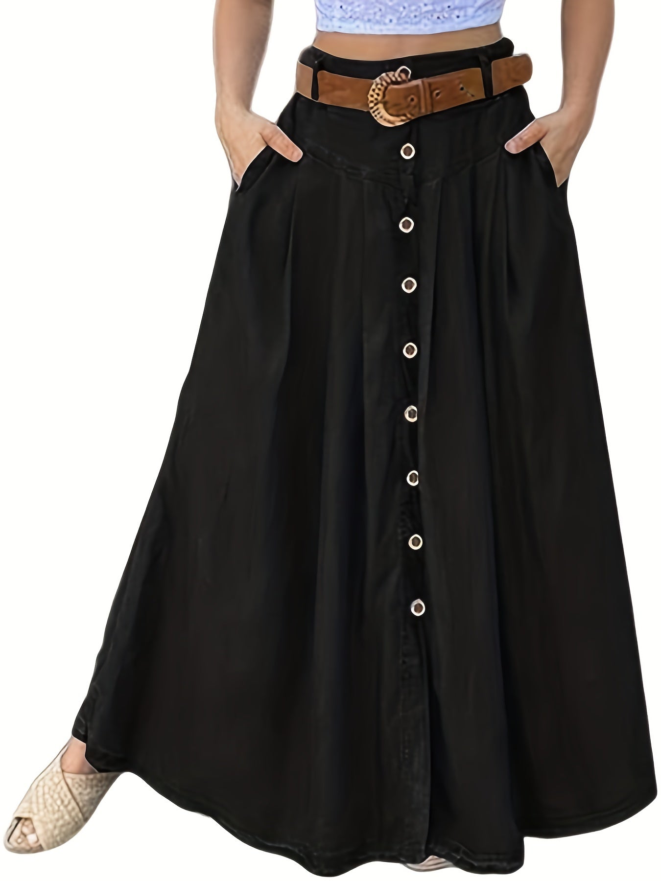 Button Up Maxi Skirt Without Belt, Solid Vacation Casual Skirt, Women's Clothing