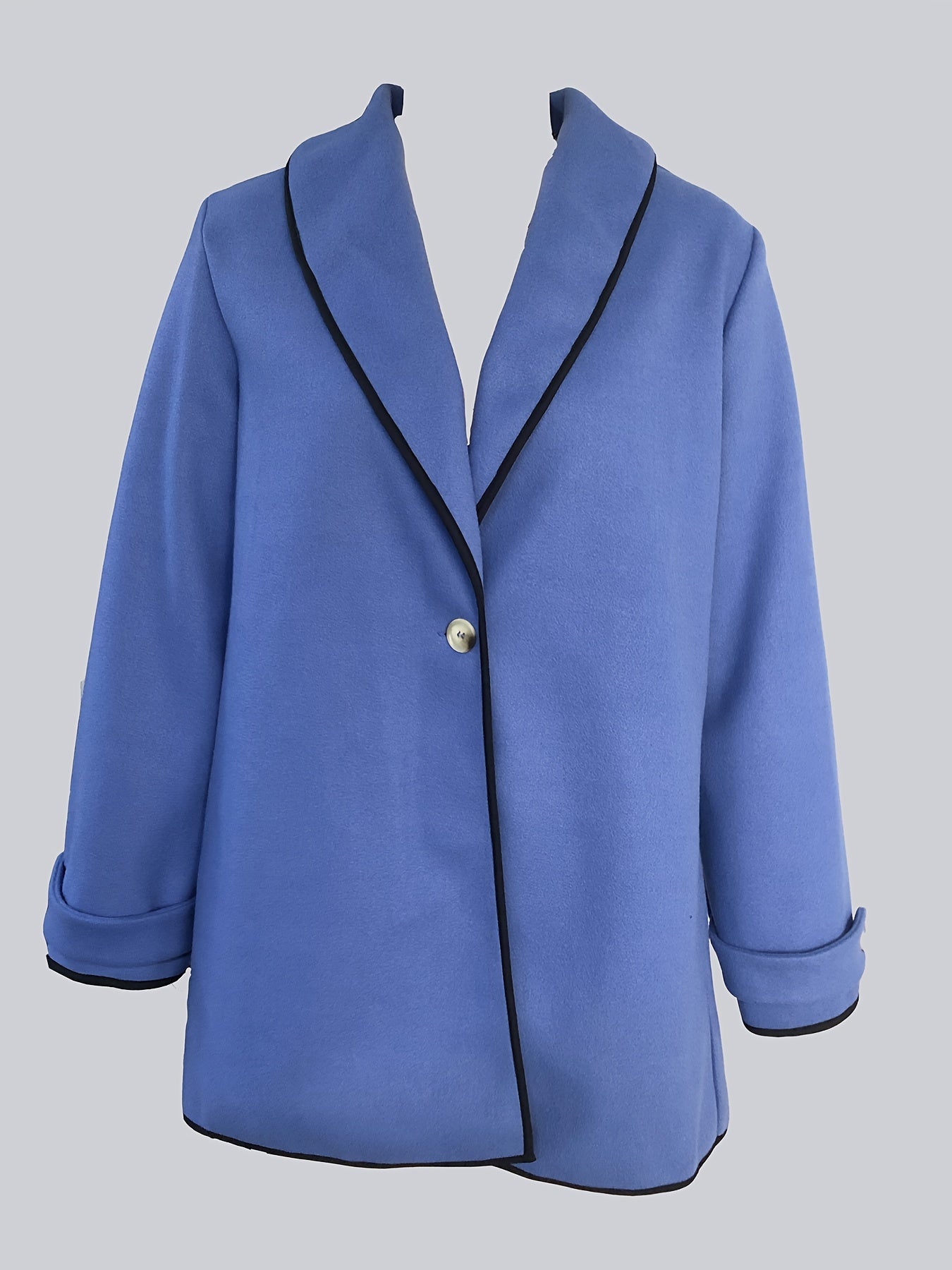 Plus Size Casual Coat, Women's Plus Solid Binding Single Breast Button Long Sleeve Lapel Collar Woolen Coat