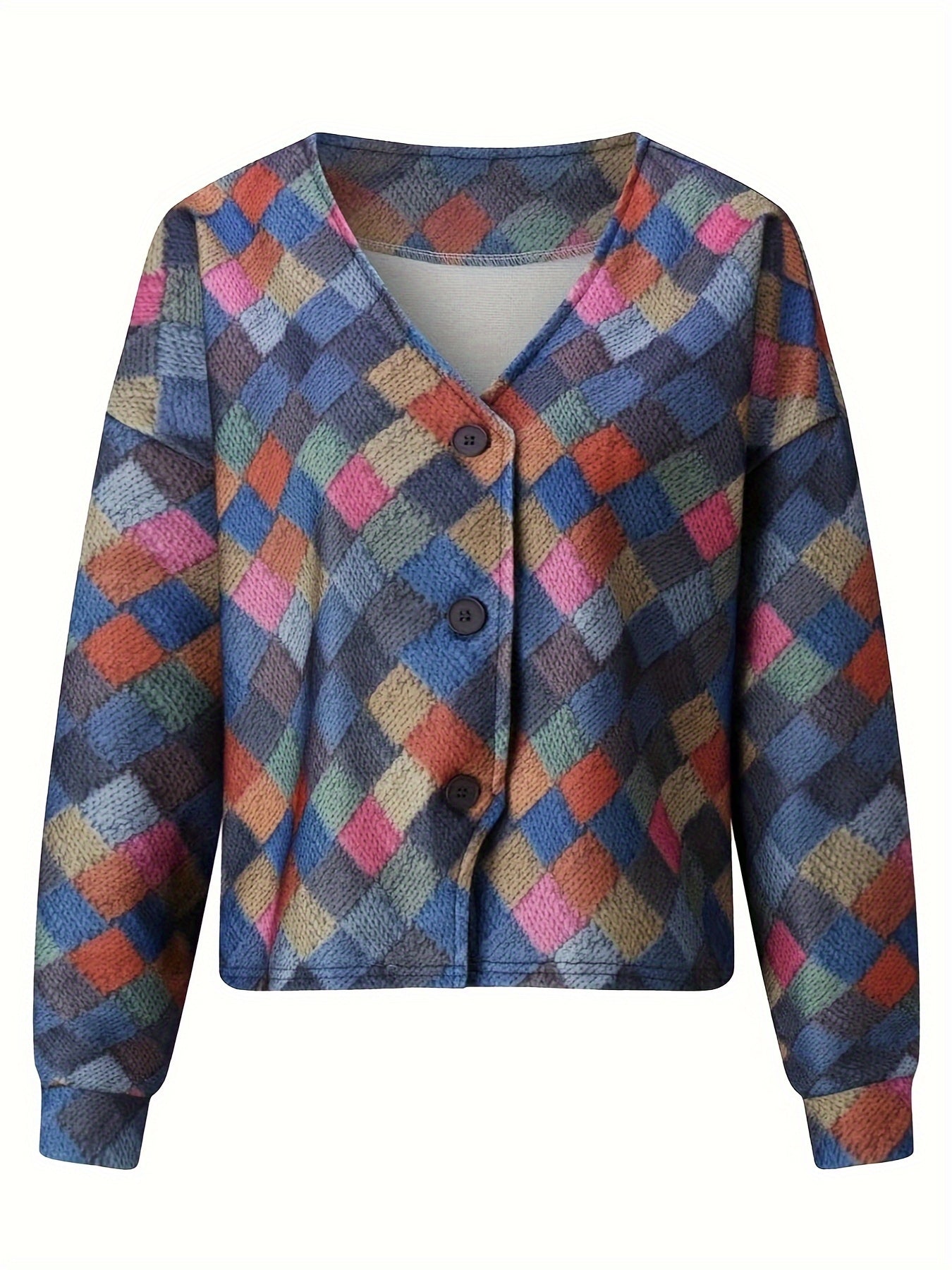 Patchwork Print Open Front Coat, Casual Button Front V Neck Outerwear, Women's Clothing
