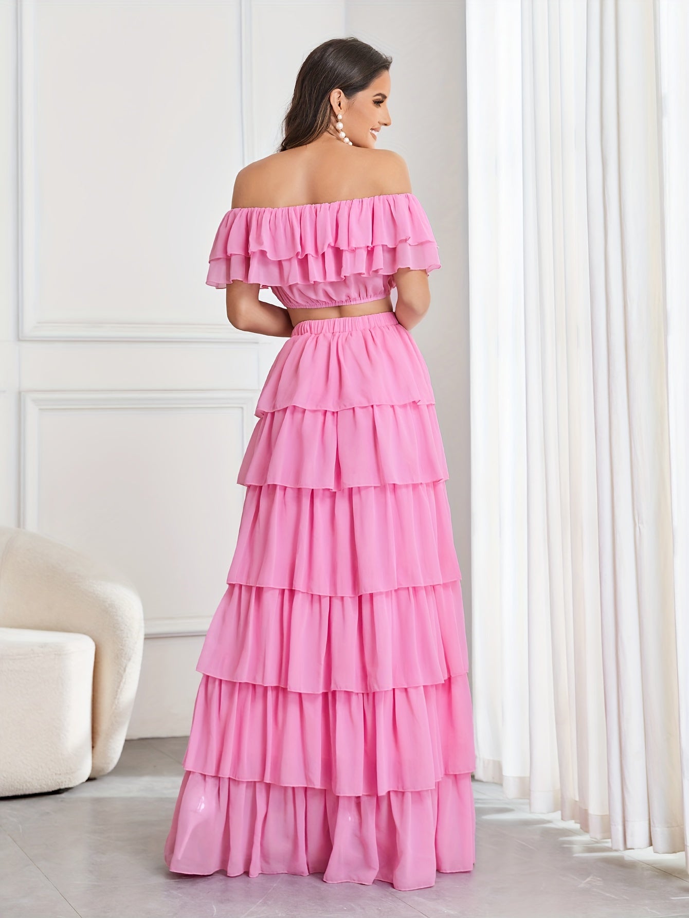 vlovelaw Elegant Two-piece Set, Off Shoulder Ruffle Trim Crop Top & Layer Hem Skirt Outfits, Women's Clothing