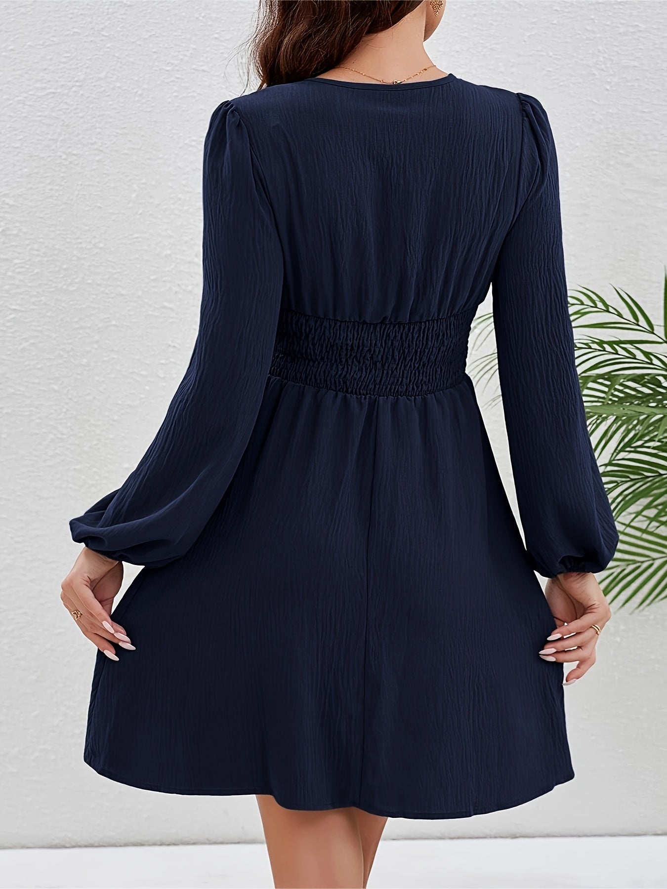 Ruched V Neck Dress, Elegant Lantern Long Sleeve Solid Dress, Women's Clothing