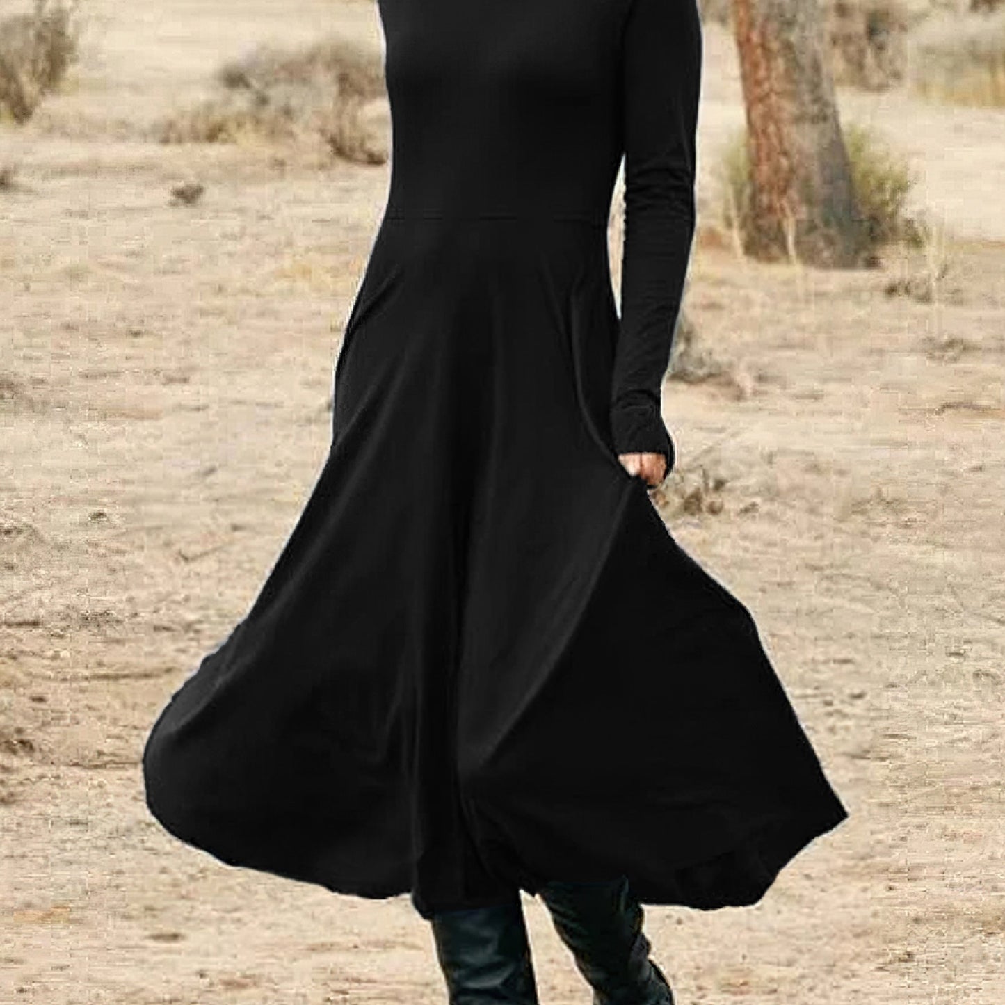 vlovelaw High Neck Solid Midi Dress, Elegant Long Sleeve Daily Dress, Women's Clothing