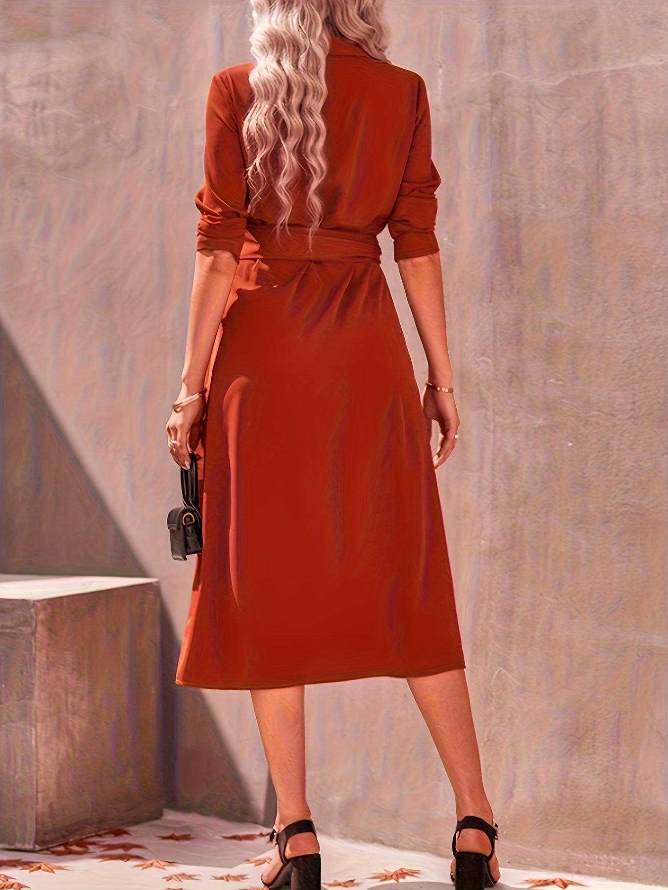 vlovelaw Button Front Long Sleeve Dress, Elegant Solid Midi Dress, Women's Clothing