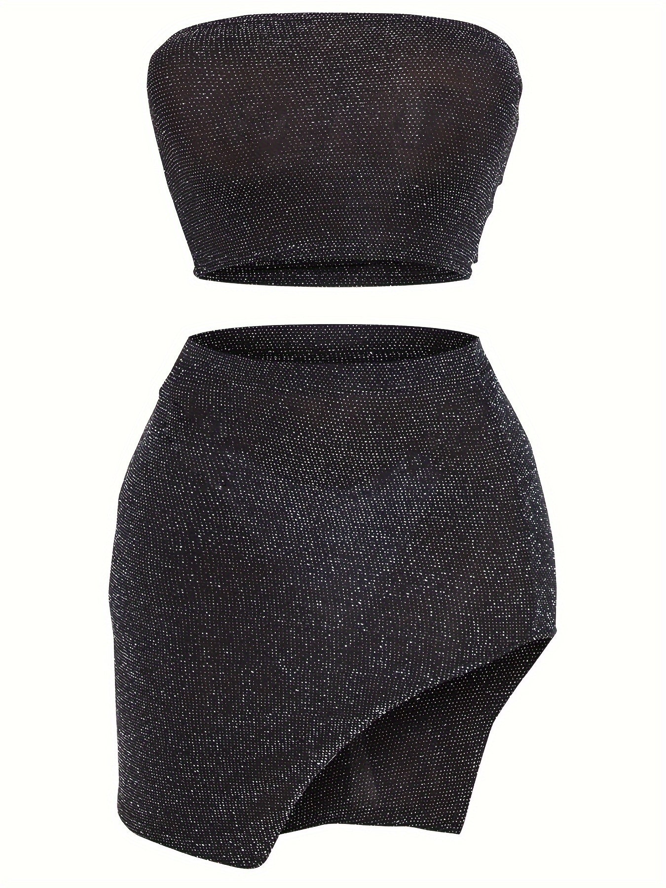 vlovelaw Shinny Sexy Two-pieces, Tube Crop Top & Asymmetric High Waist Mini Skirt Outfits, Women's Clothing