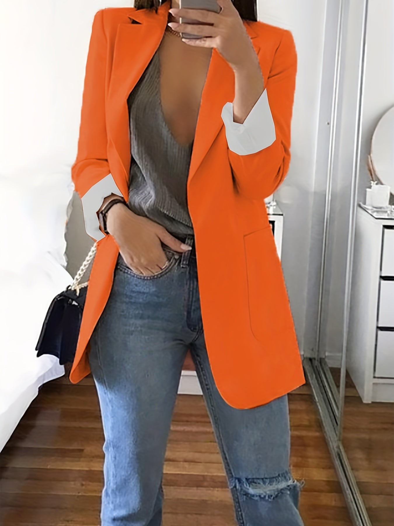 Solid Lapel Blazer, Casual Long Sleeve Open Front Work Office Outerwear, Women's Clothing