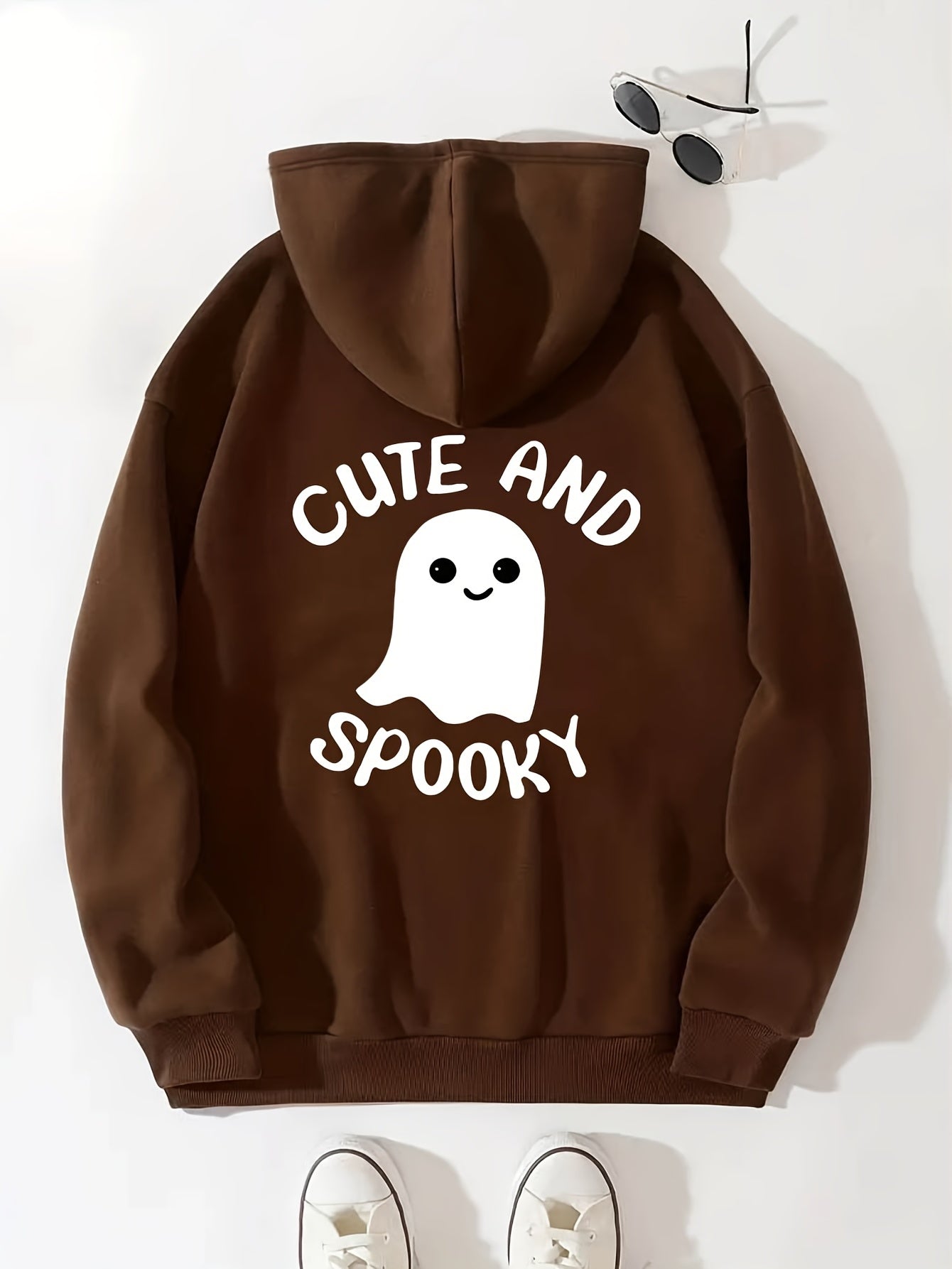 Cute Ghost Graphic Long Sleeve Fleece Hooded Sweatshirts For Halloween, Drawstring Sports Hoodie With Front Pocket, Women's Sporty Sweatshirts