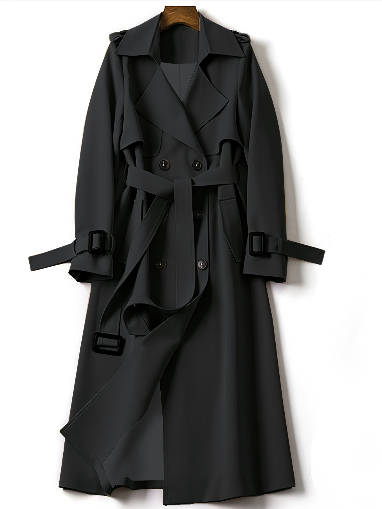 vlovelaw Plus Size Casual Coat, Women's Plus Solid Long Sleeve Lapel Collar Double Button Buckle Overcoat With Belt