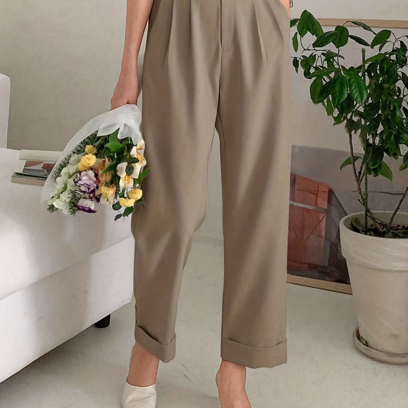 Solid Button Straight Leg Pants, Casual High Waist Draped Pleated Pants, Women's Clothing