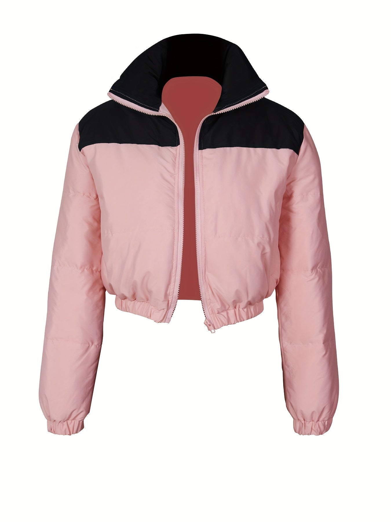 vlovelaw Two Tone Zip Up Crop Parka, Winter & Fall Long Sleeve Casual Coat, Women's Clothing