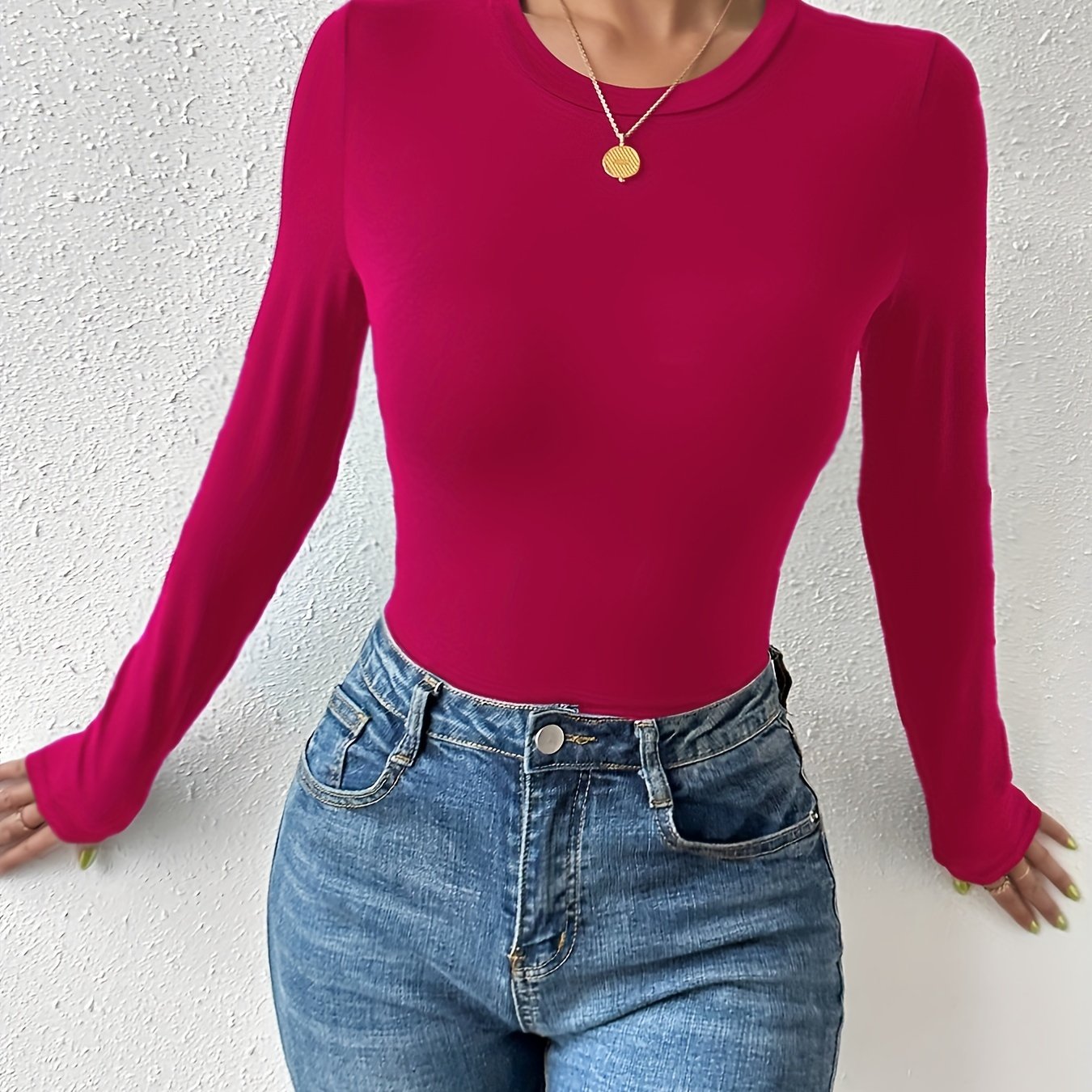 vlovelaw Basic Skinny Stretchy Top, Long Sleeve Crew Neck Solid T-Shirts, Casual Every Day Tops, Women's Clothing