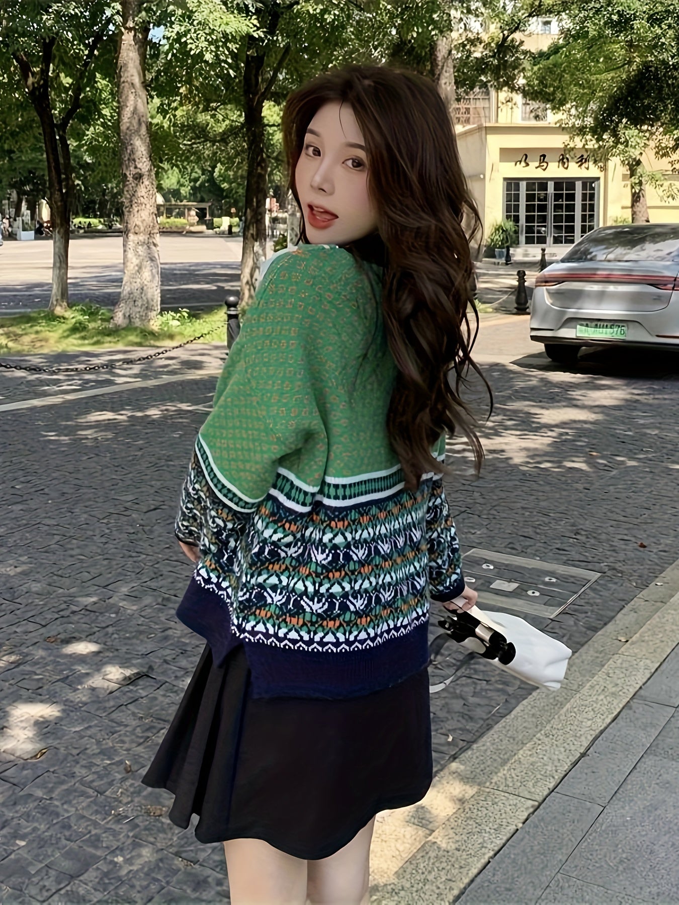 vlovelaw Allover Print Mesh Decor Sweater, Casual Crew Neck Long Sleeve Sweater For Fall & Winter, Women's Clothing