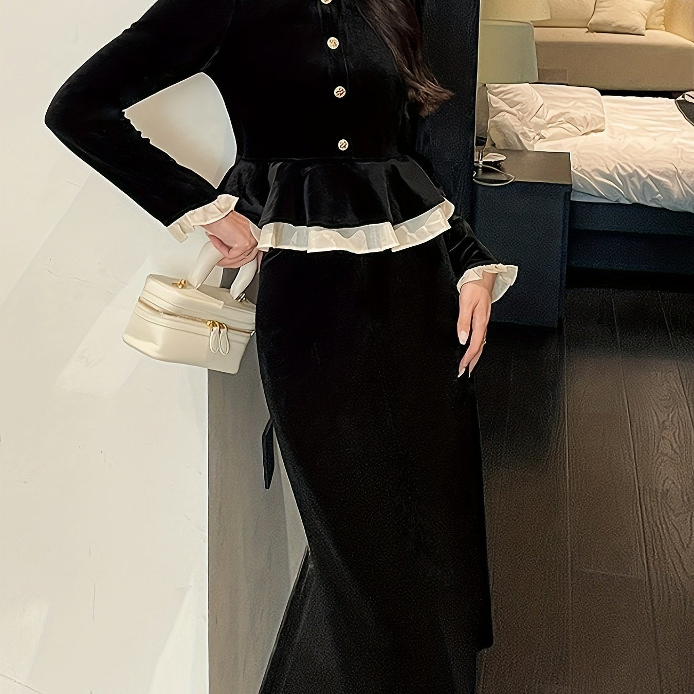 vlovelaw Elegant Velvet Two-piece Skirt Set, Contrast Trim Ruffle Trim Single Breasted Outwear & Solid Midi Skirt Outfits, Women's Clothing