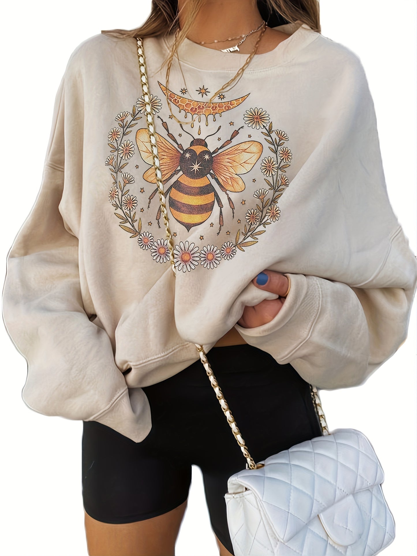 Round Neck Bee Print Pullover, Casual Fashion Loose Long Sleeve Sweatshirt, Women's Clothing