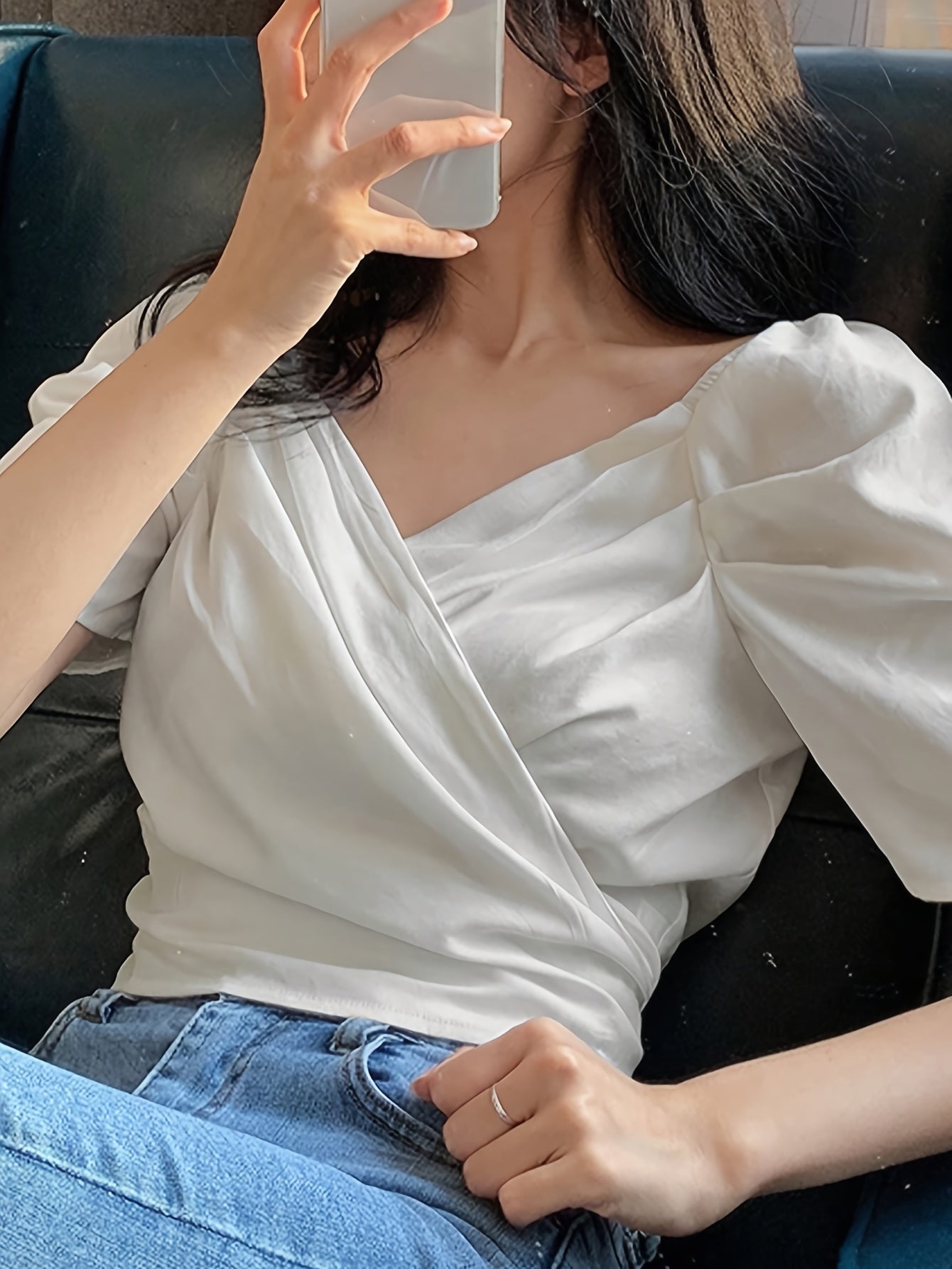 vlovelaw Solid Ruched V Neck Blouse, Sweet Tie Back Puff Sleeve Blouse For Spring & Summer, Women's Clothing