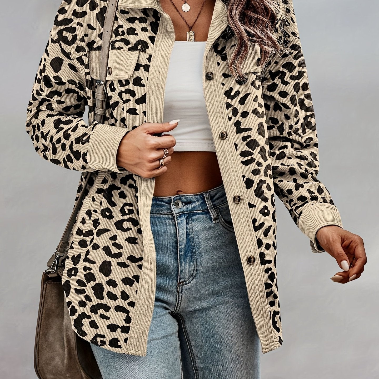 vlovelaw Leopard Print Shacket Jacket, Casual Button Front Turn Down Collar Long Sleeve Outerwear, Women's Clothing
