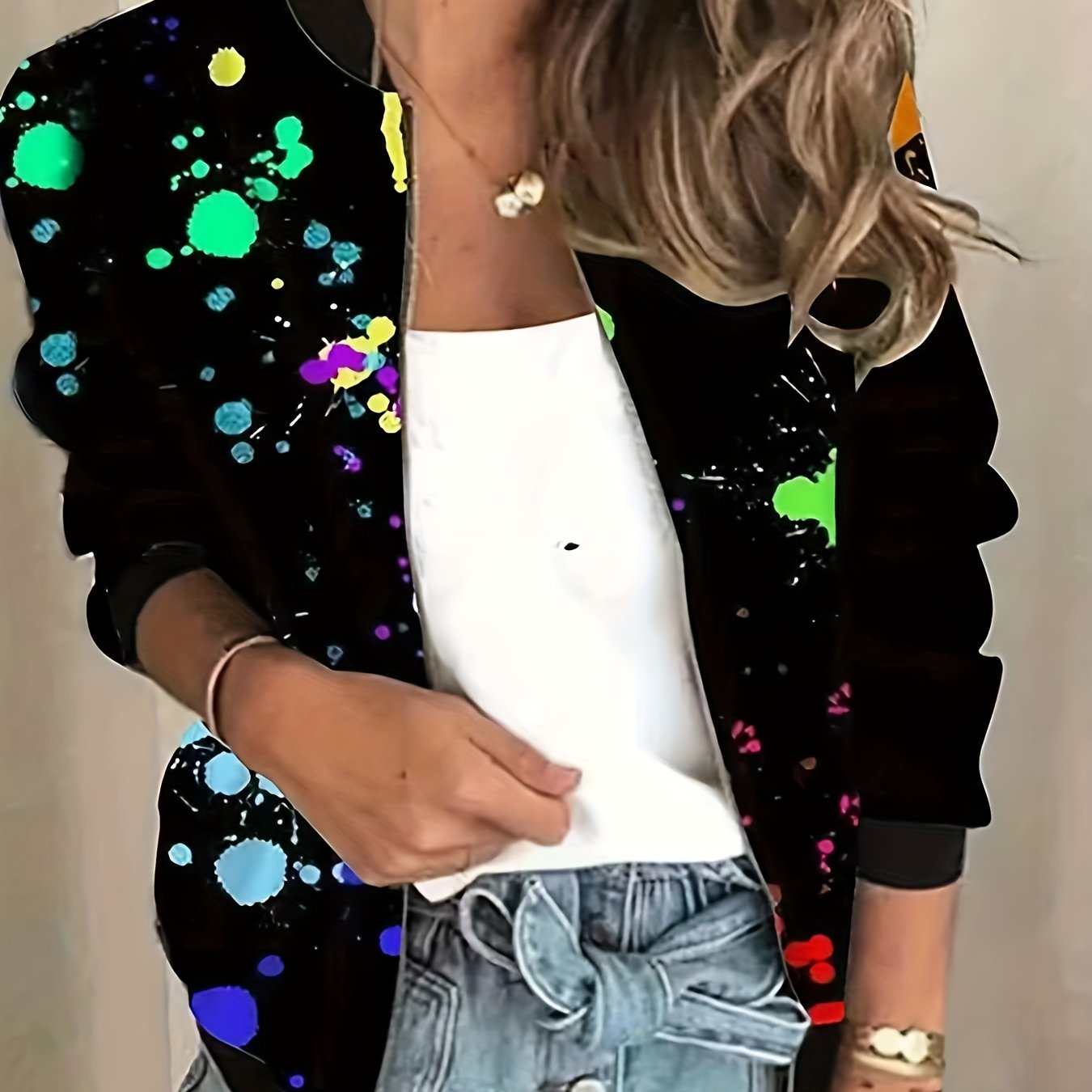 vlovelaw Graphic Print Zipper Jacket, Casual Baseball Neck Long Sleeve Outerwear, Women's Clothing