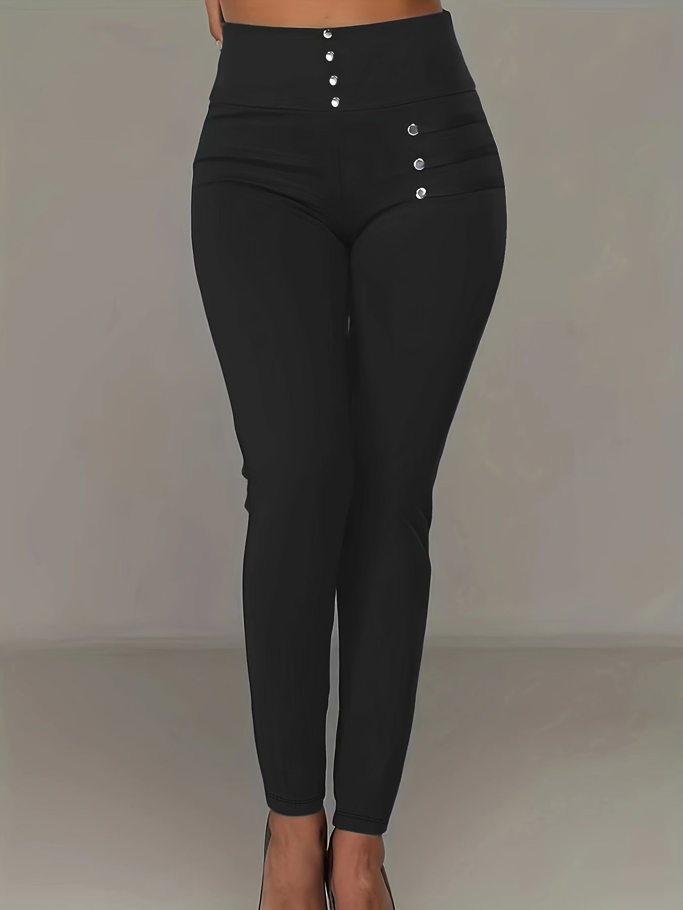 vlovelaw Solid Button Decor Skinny Leggings, Casual High Waist Every Day Stretchy Leggings, Women's Clothing