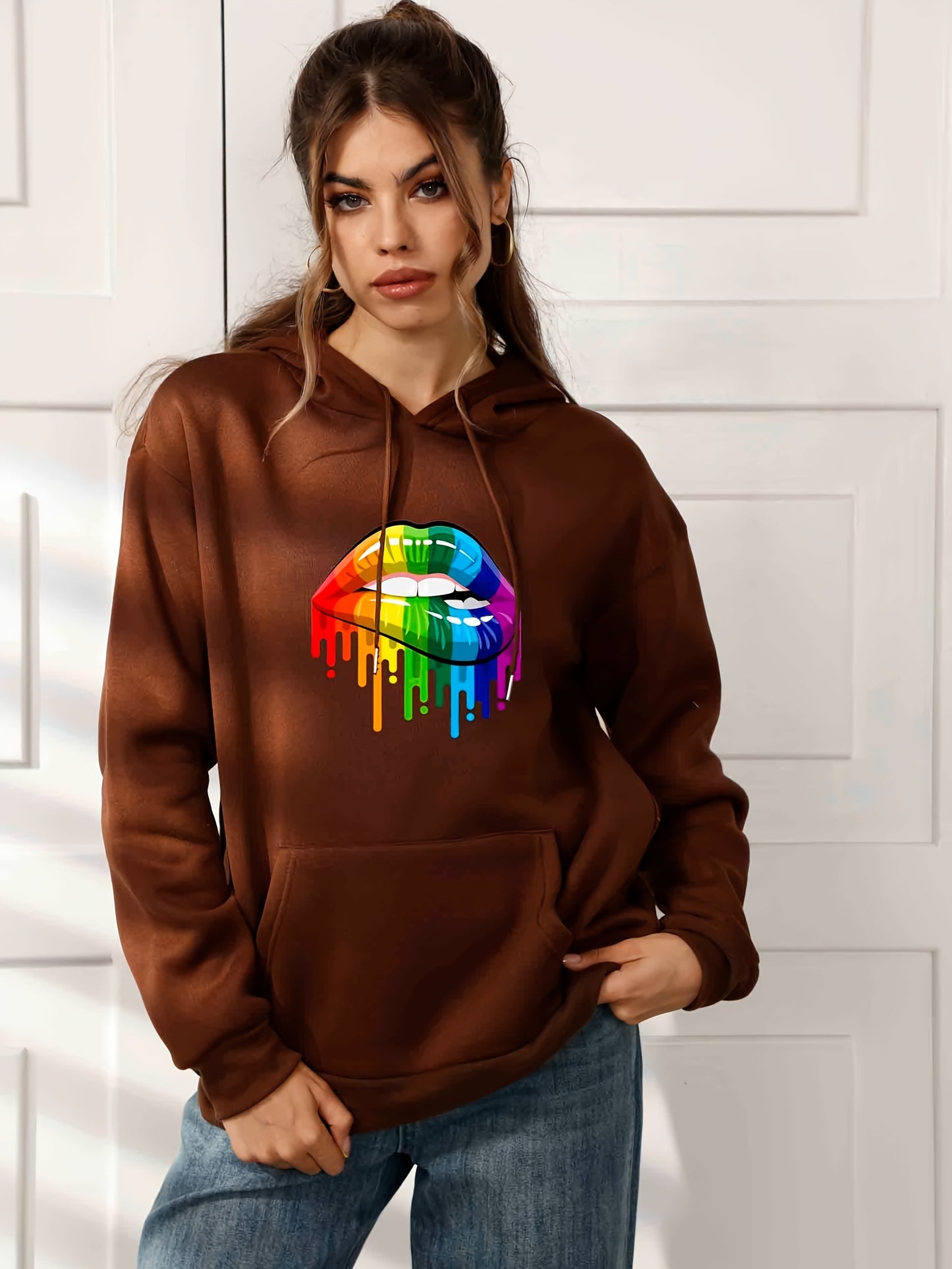 Rainbow Lip Print Casual Hoodies, Drawstring Long Sleeve Kangaroo Pocket Pullover Sweater, Women's Clothing
