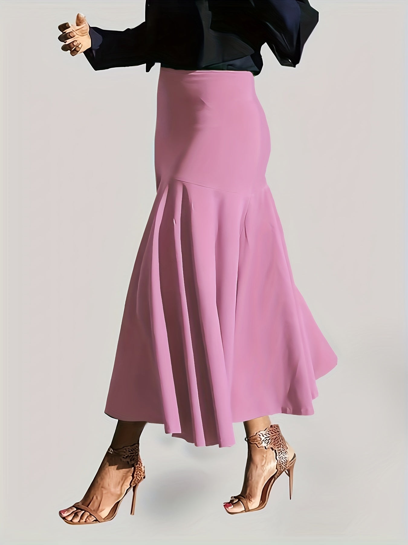 vlovelaw Plus Size Party Skirt, Women's Plus Solid High Rise Non-stretch Maxi Mermaid Skirt