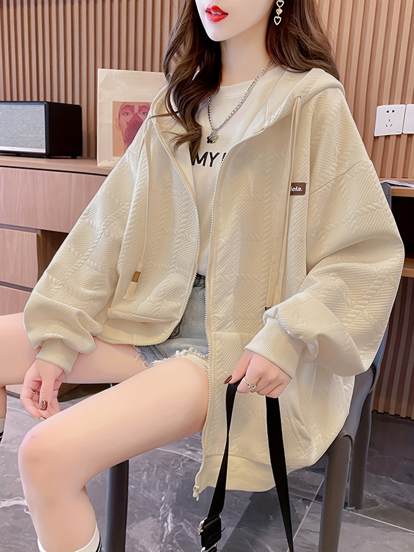 vlovelaw Slant Pockets Zip-up Cable Hoodie, Casual Lantern Sleeve Drawstring Hoodie Coat, Women's Clothing