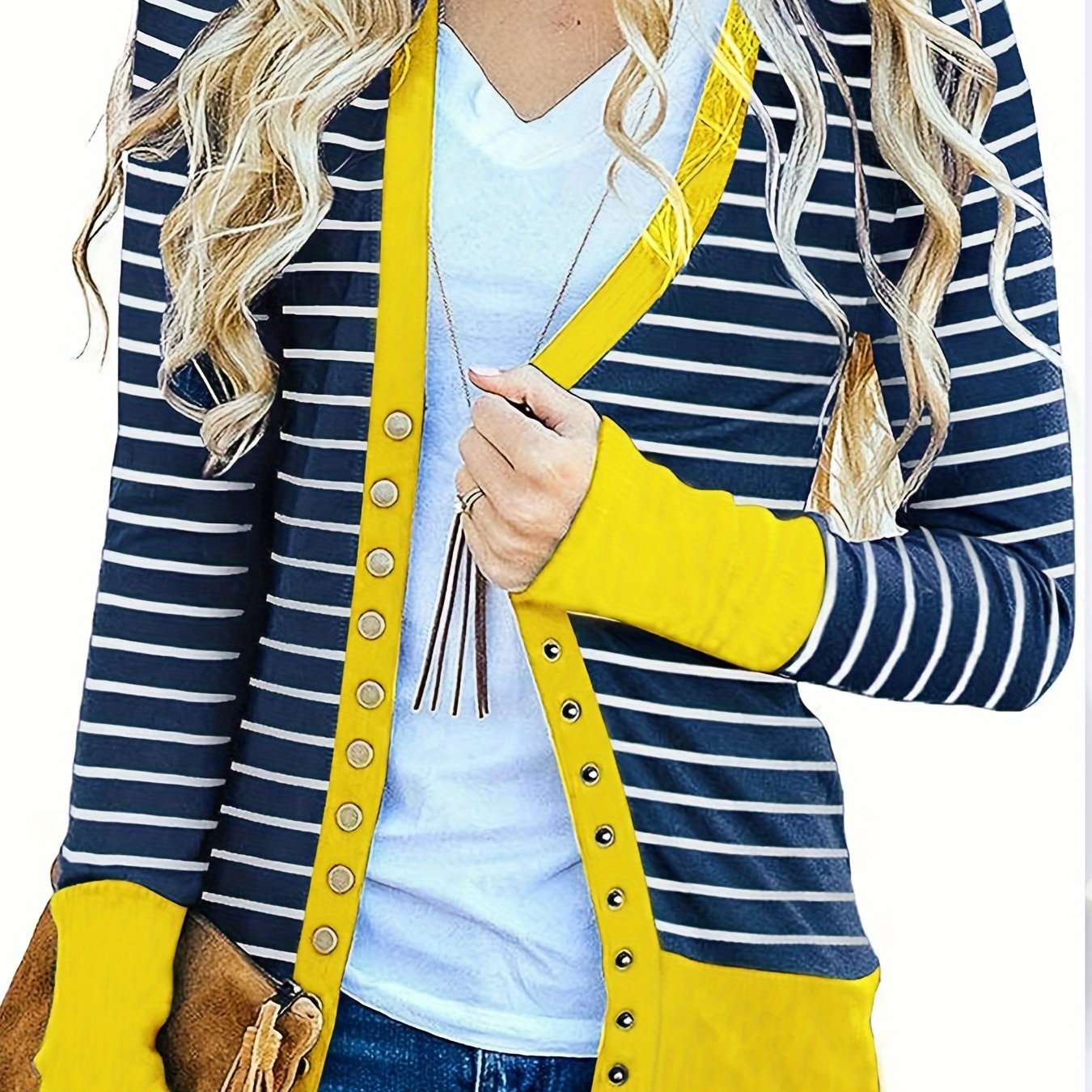 vlovelaw Striped Button Down Knit Cardigan, Casual V Neck Long Sleeve Cardigan For Spring & Fall, Women's Clothing