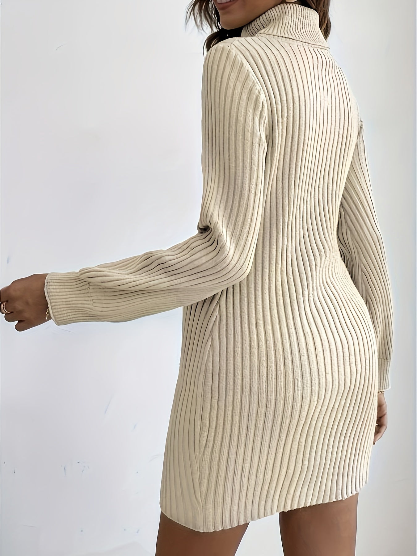 vlovelaw Turtleneck Ribbed Sweater Dress, Elegant Solid Long Sleeve Dress, Women's Clothing