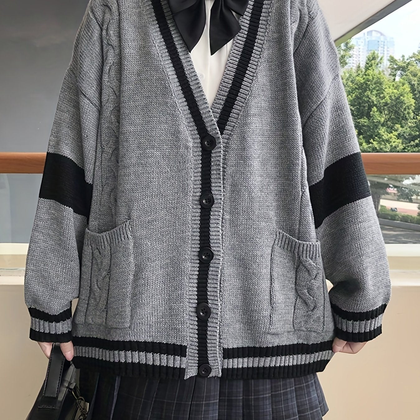 vlovelaw Color Block Button Front Knit Cardigan, Elegant V Neck Long Sleeve Sweater For Fall & Winter, Women's Clothing