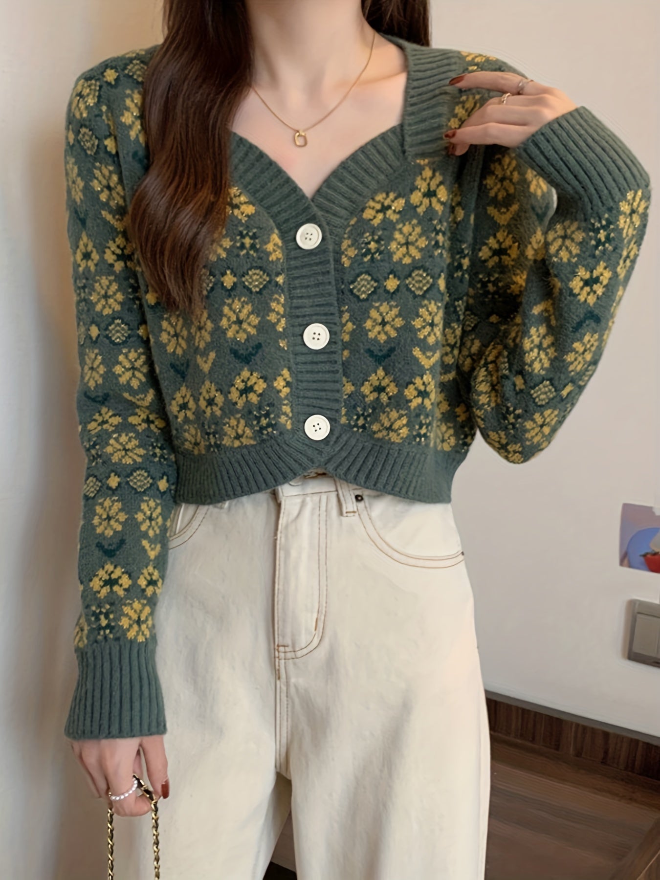vlovelaw Floral Pattern Button Down Knit Cardigan, Cute Long Sleeve Crop Sweater, Women's Clothing