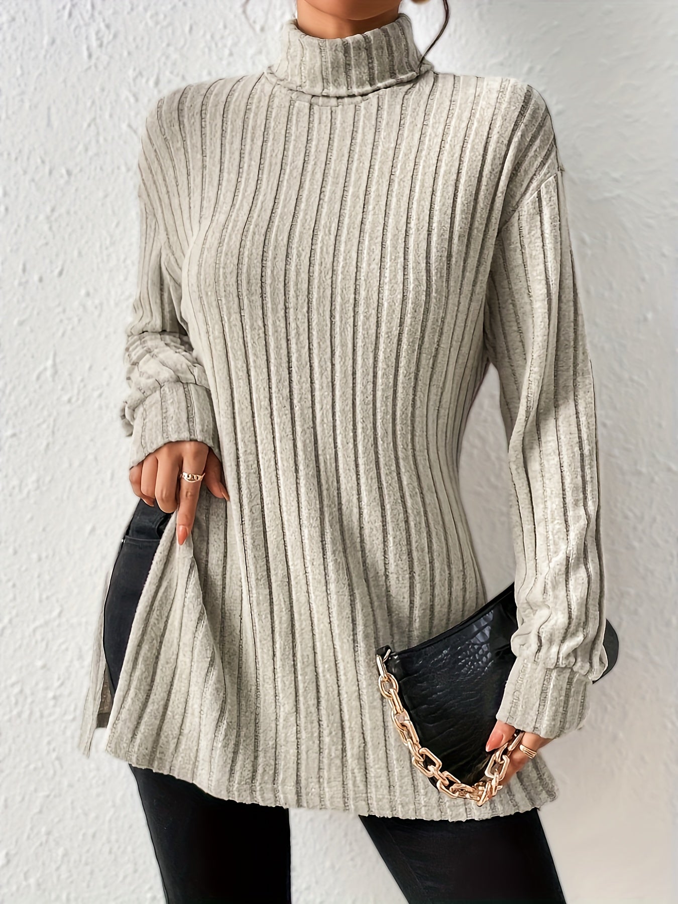 Ribbed Turtleneck Split Hem T-Shirt, Casual Long Sleeve Top For Spring & Fall, Women's Clothing