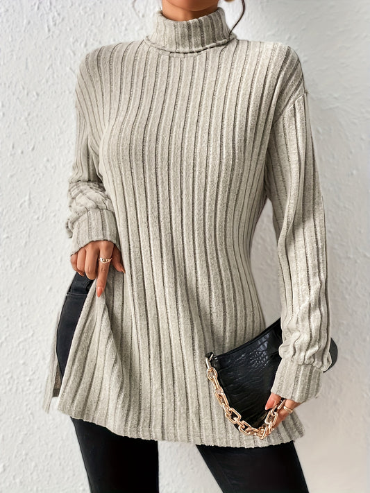 Ribbed Turtleneck Split Hem T-Shirt, Casual Long Sleeve Top For Spring & Fall, Women's Clothing