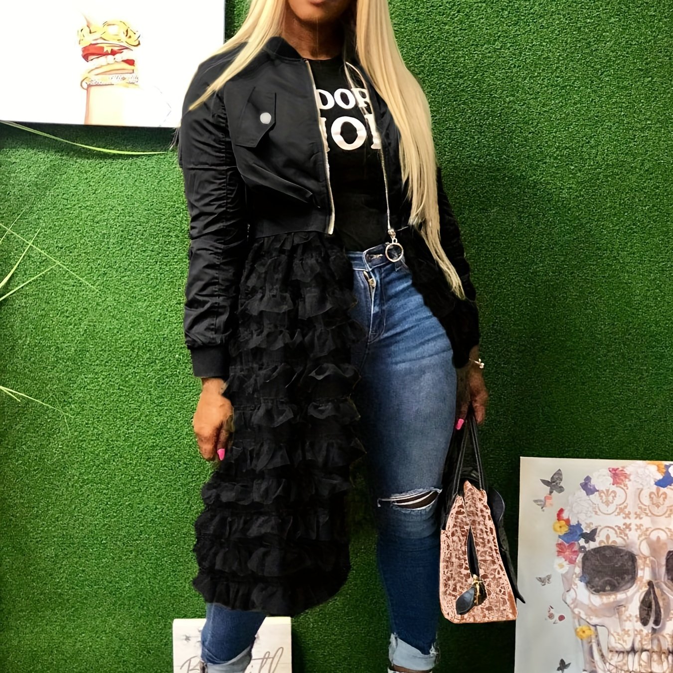 Solid Stand Collar Zipper Jacket With Stitching Ruffled Mesh, Cute Long Sleeve Spring & Fall Outerwear, Women's Clothing