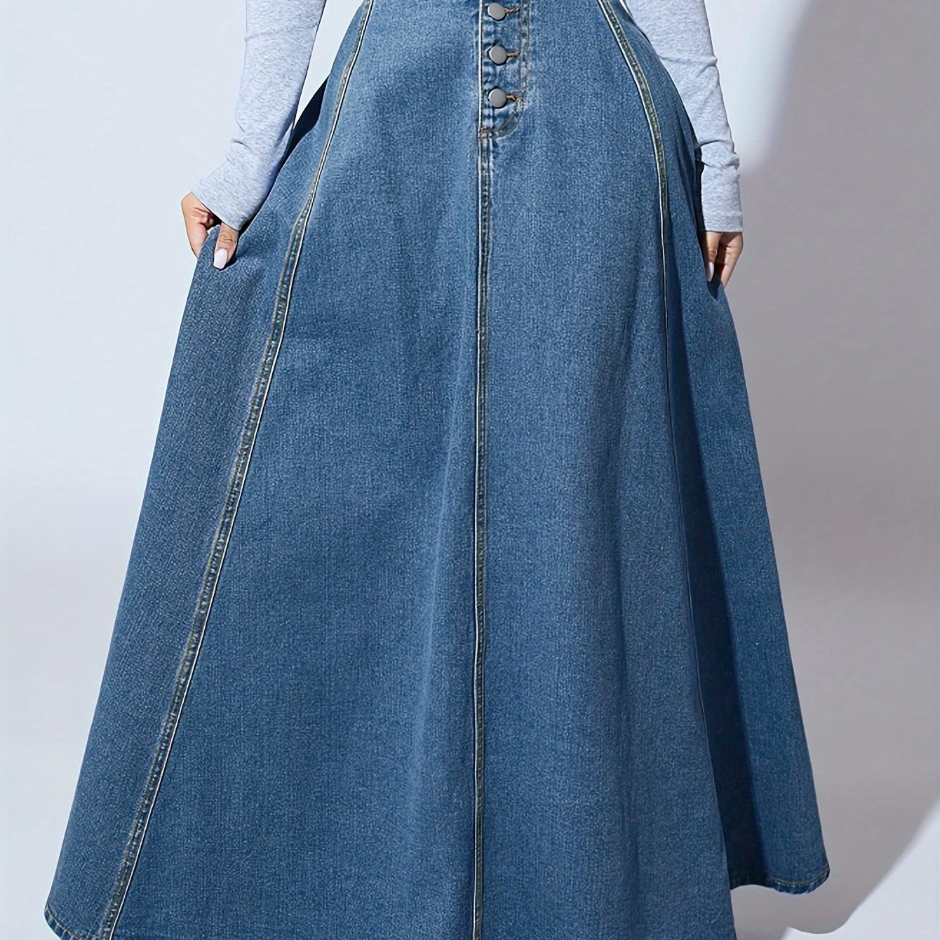vlovelaw Single-breasted Button Denim Midi Skirt, High Waist A-line Vintage Elegant Denim Skirts, Women's Denim Clothing