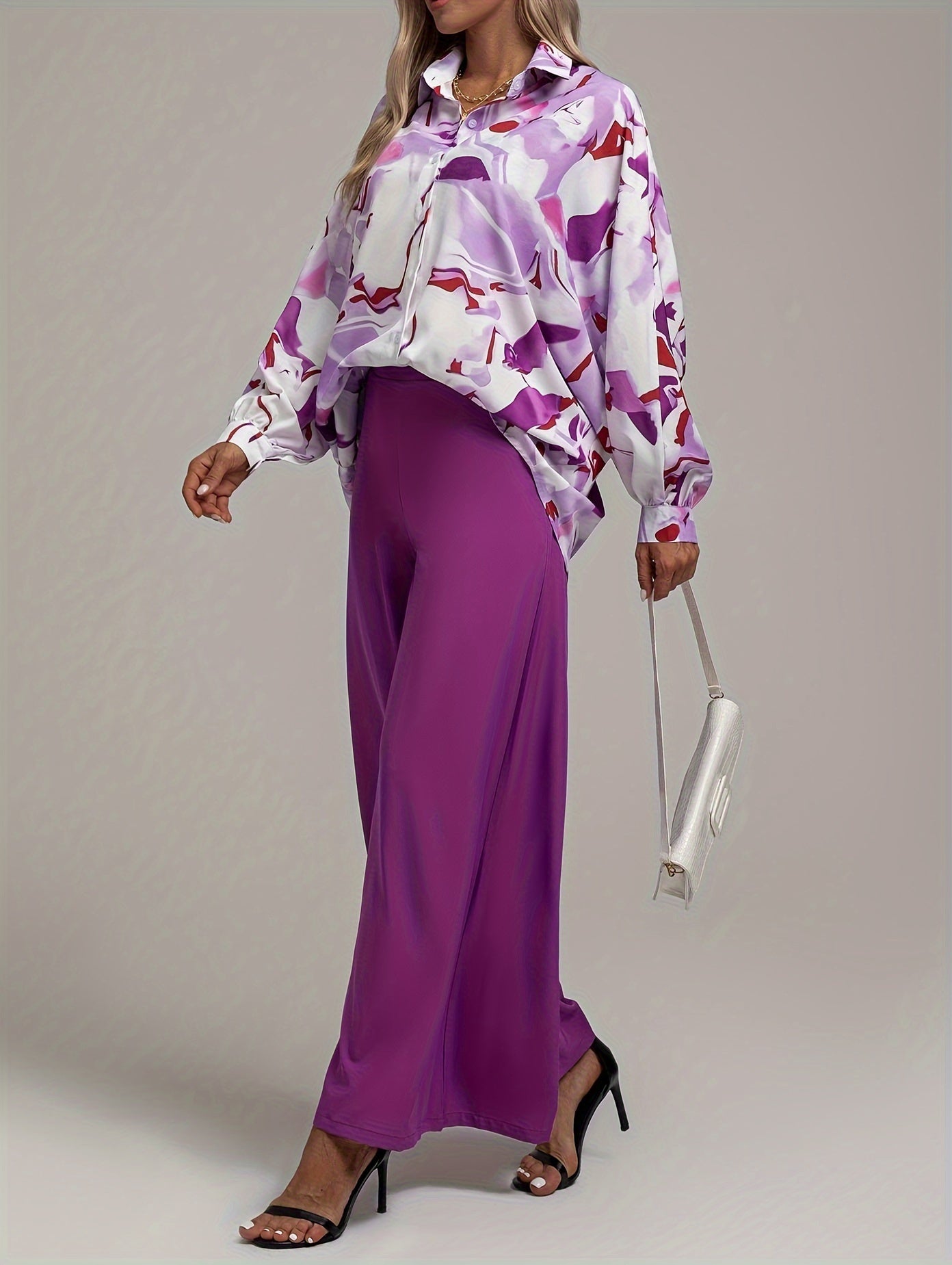 vlovelaw Elegant Two-piece Set, Allover Print Button Front Shirt & Solid High Waist Wide Leg Pants Outfits, Women's Clothing