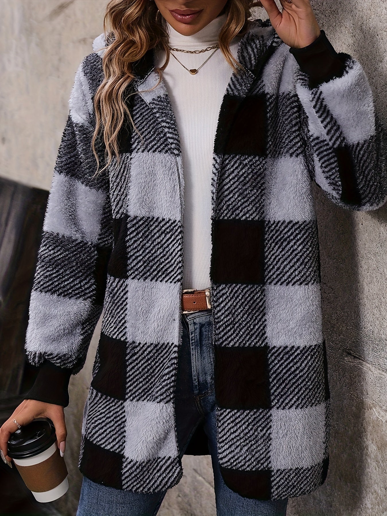 vlovelaw Plaid Print Hooded Teddy Coat, Casual Open Front Thermal Outerwear, Women's Clothing
