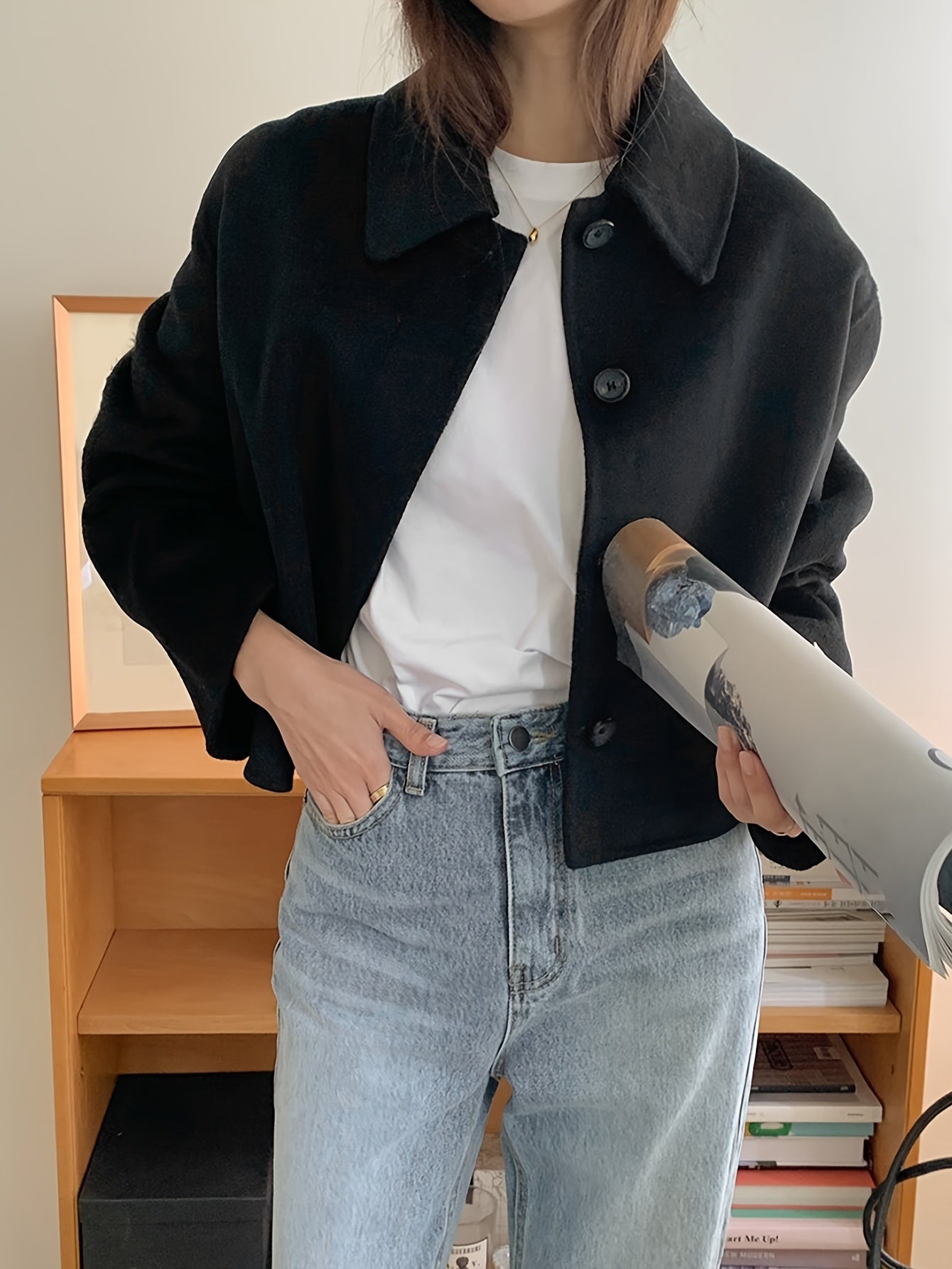 vlovelaw Button Front Lapel Neck Jacket, Casual Solid Color Long Sleeve Coat For Fall & Winter, Women's Clothing